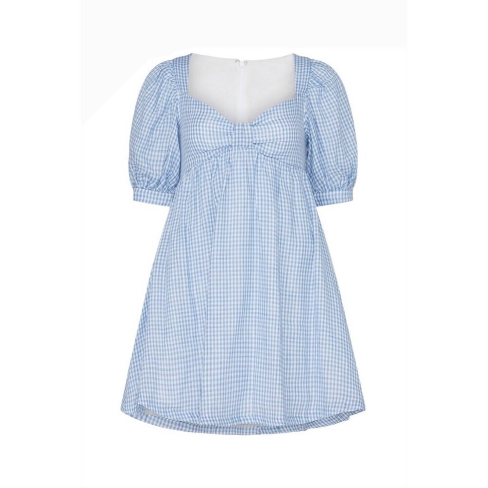 RTR Blue Gingham Babydoll Bow Dress With Puff Sleeves XL cottage core festival